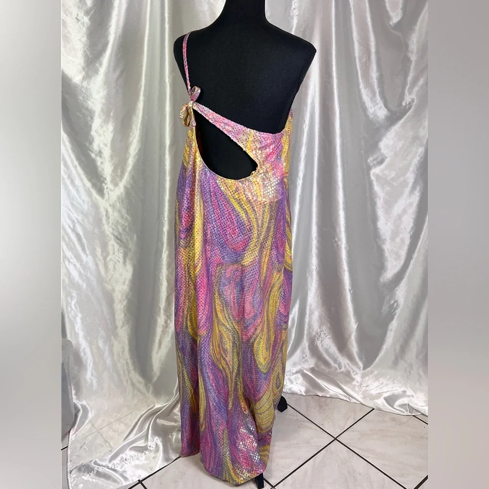 Asymmetrical Pink+Yellow Swirl One Shoulder Disco-Inspired Prom/Party Maxi Dress - Picture 4 of 8